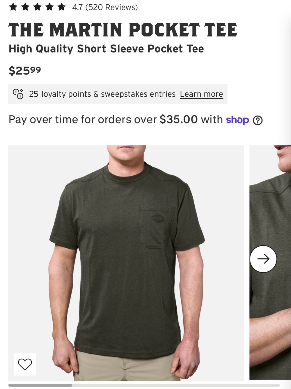 Brunt - The Martin Pocket Tee - Olive Green- size M- New